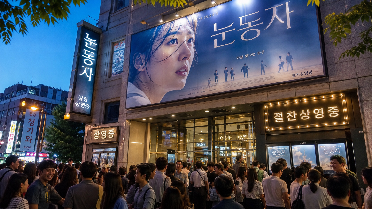 많은 사람들이 모여 있는 한국 영화관 입구와 영화 '눈동자'의 포스터