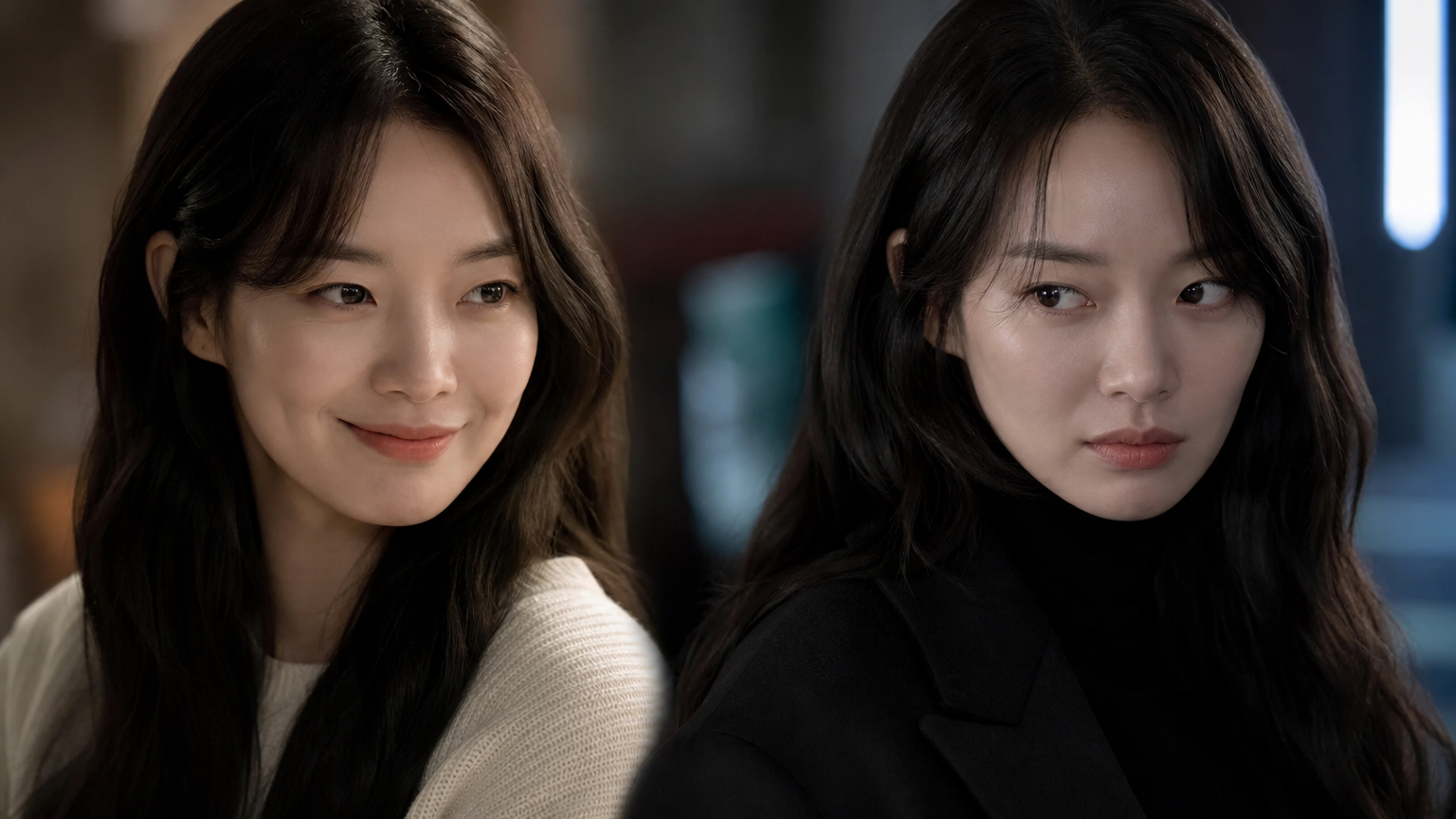 쌍둥이 자매 역할을 맡은 신민아 배우가 서로 다른 표정과 의상을 입고 있는 모습