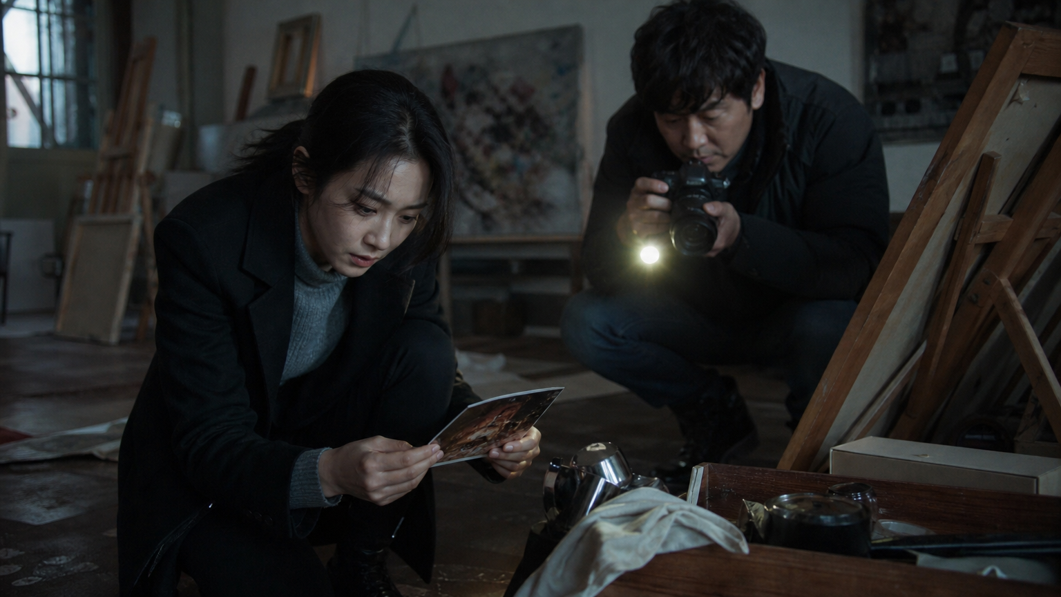 어두운 예술 작업실에서 단서를 조사하는 한국 여성 형사와 사진작가