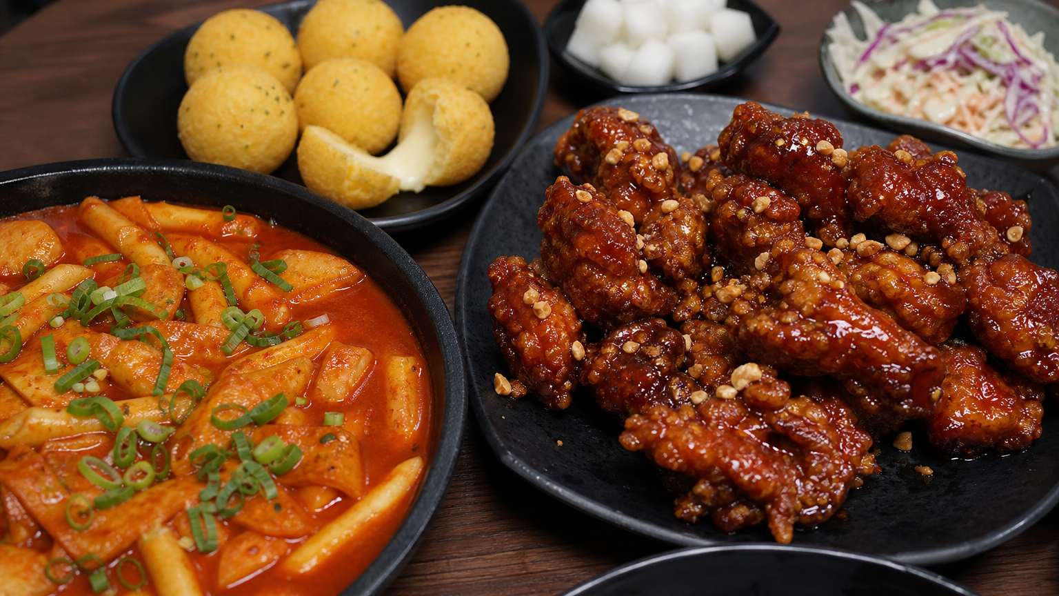 떡볶이와 치즈볼 등 다양한 사이드 디쉬가 포함된 비비큐 치킨 접시 클로즈업