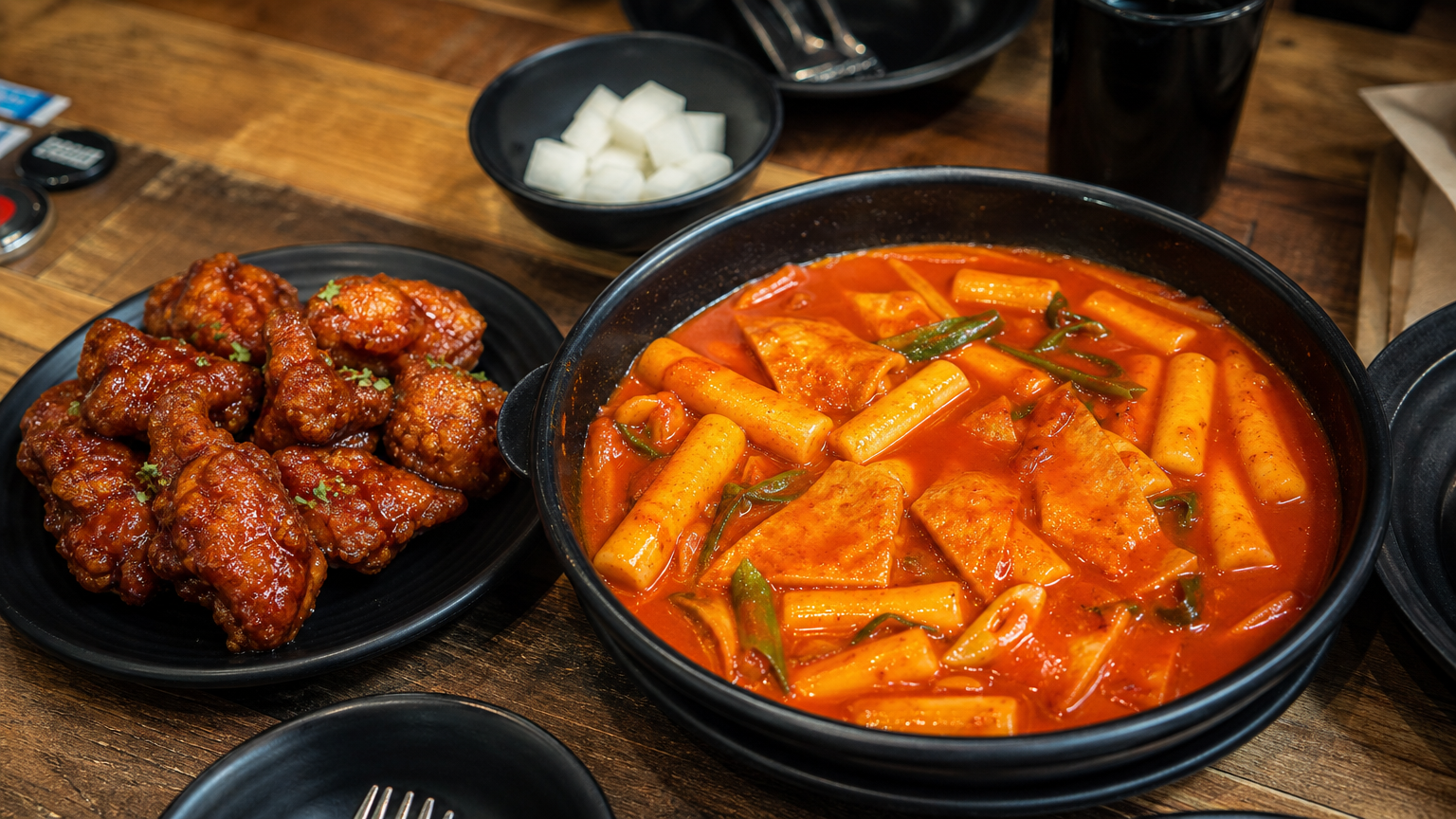 매콤한 떡볶이와 어울리는 바삭한 비비큐 치킨이 놓인 식탁 장면