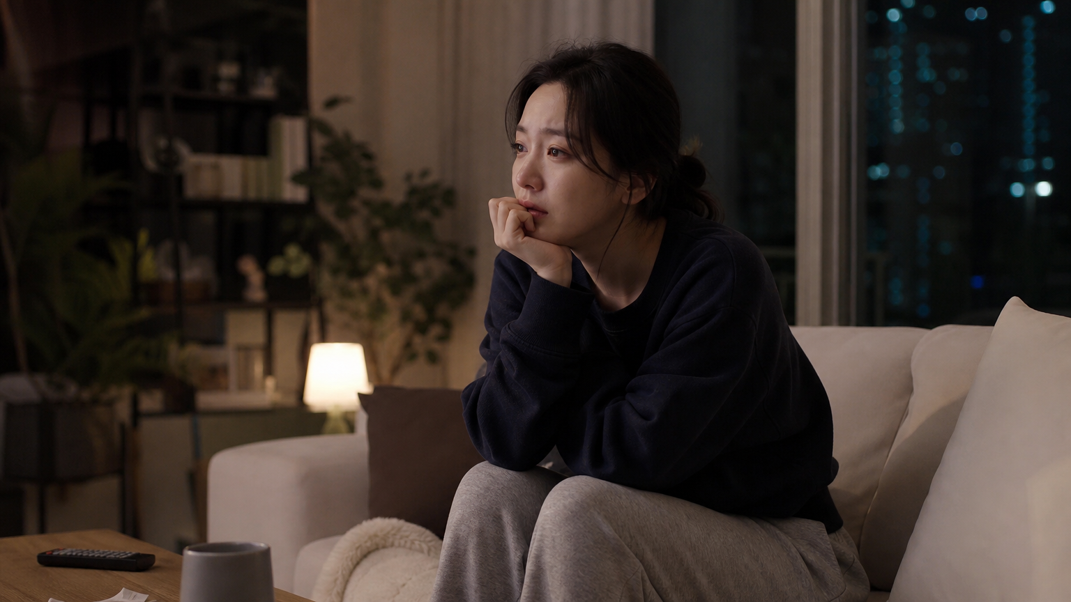거실에서 TV 드라마를 보며 깊은 공감을 느끼고 있는 여성