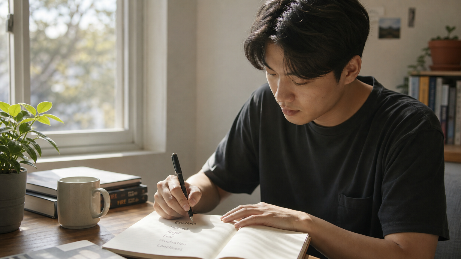 책상에 앉아 일기를 쓰며 자신의 감정을 정리하는 장면