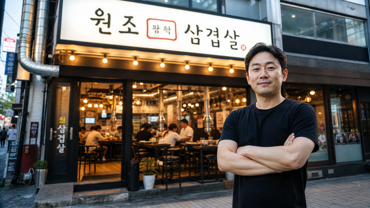 현대적인 한국 남성이 번화한 식당 앞에서 자부심을 느끼는 모습