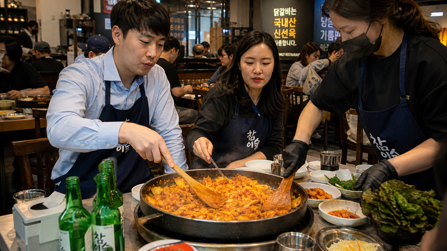 서울 광진구의 활기찬 닭갈비집 내부와 손님들로 가득 찬 모습