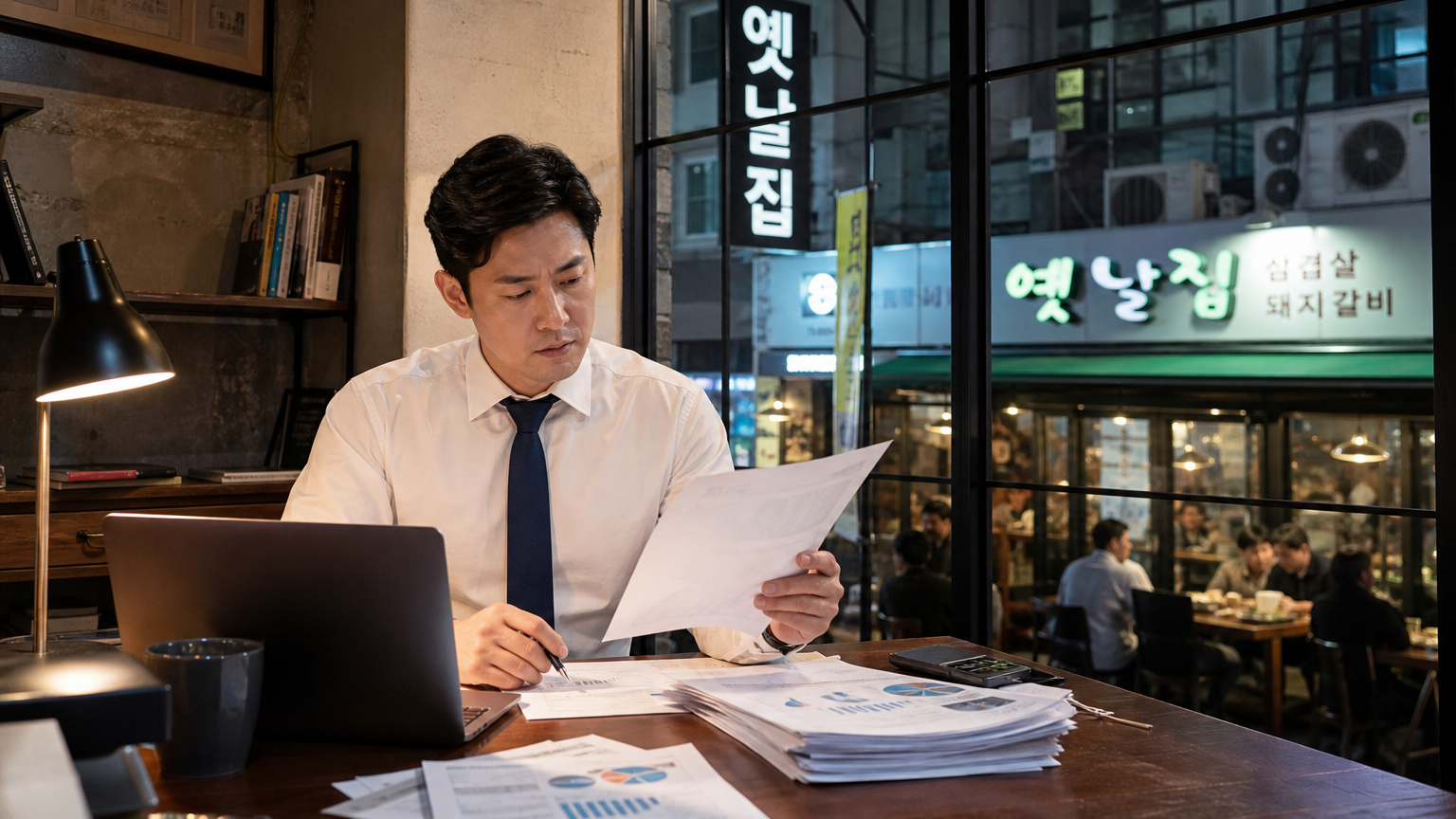 식당 위층 사무실에서 금융 서류를 검토하는 한국 사업가의 모습