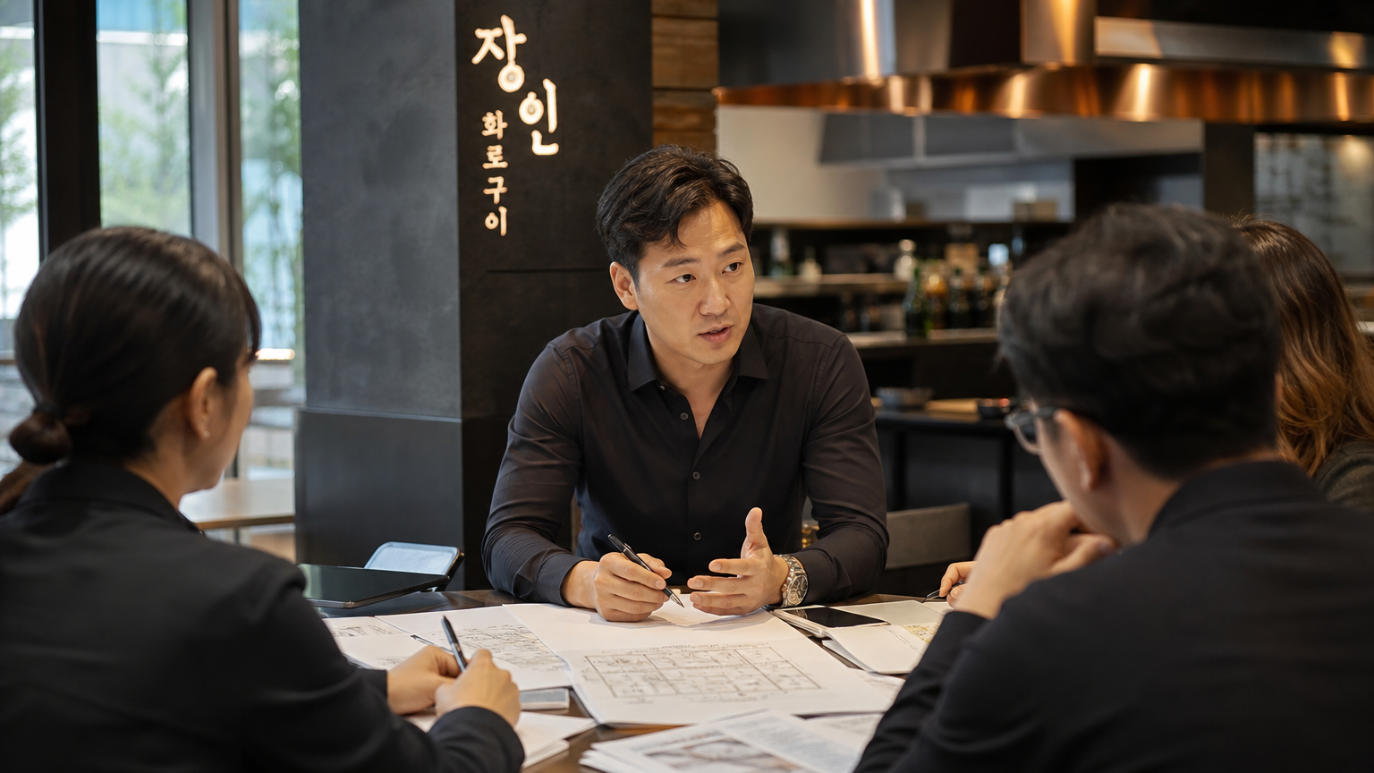 식당 내부에서 직원들과 함께 계획을 논의하는 한국 사업가의 모습