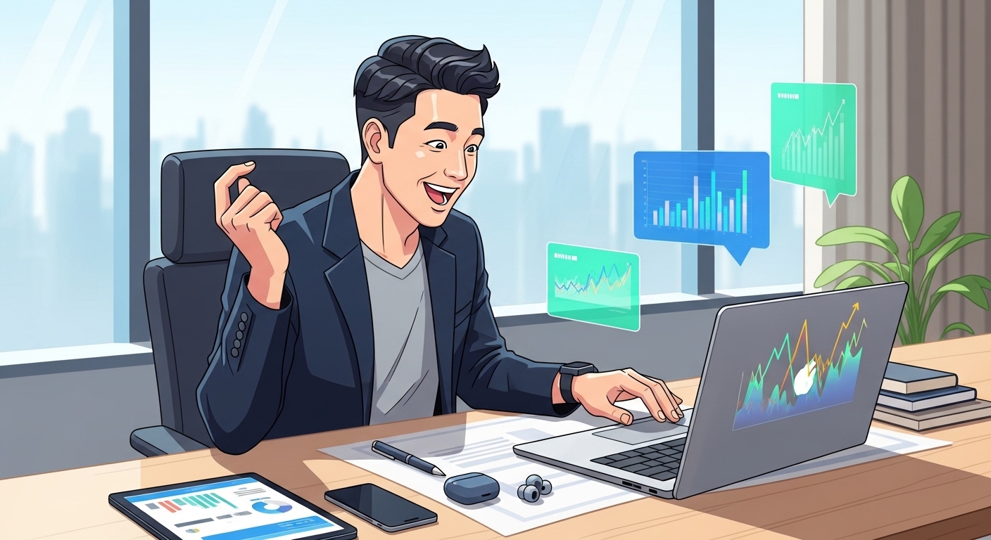 한국의 소상공인이 사무실에서 노트북을 보며 미래를 꿈꾸는 모습