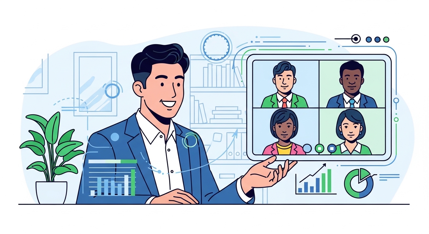 한국의 기업가가 온라인 회의에서 성장 전략을 논의하는 장면