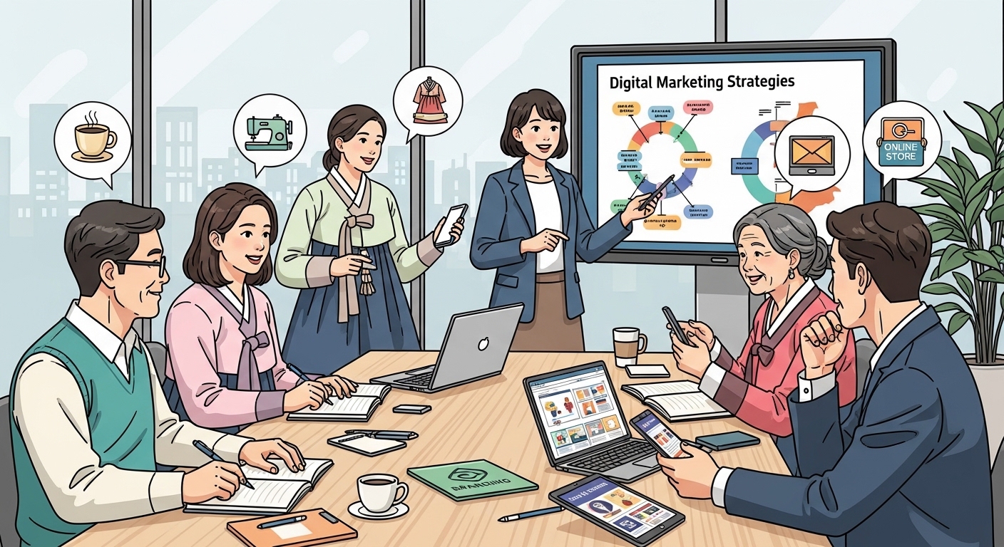 온라인 마케팅 교육에 참여하고 있는 소상공인의 워크숍 현장