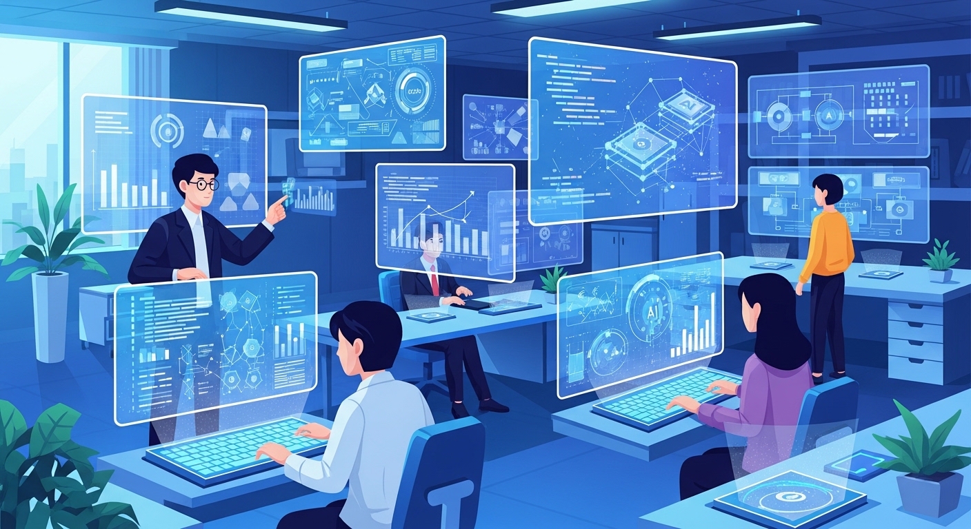 AI 도구와 디지털 전략을 탐색하는 첨단 사무실 환경