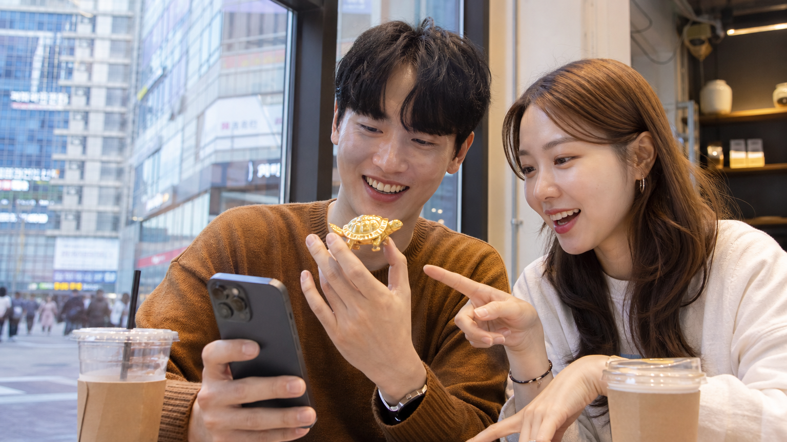 활기찬 도시 카페에서 행운거북이 피규어 사진을 SNS에 공유하는 젊은 사람들