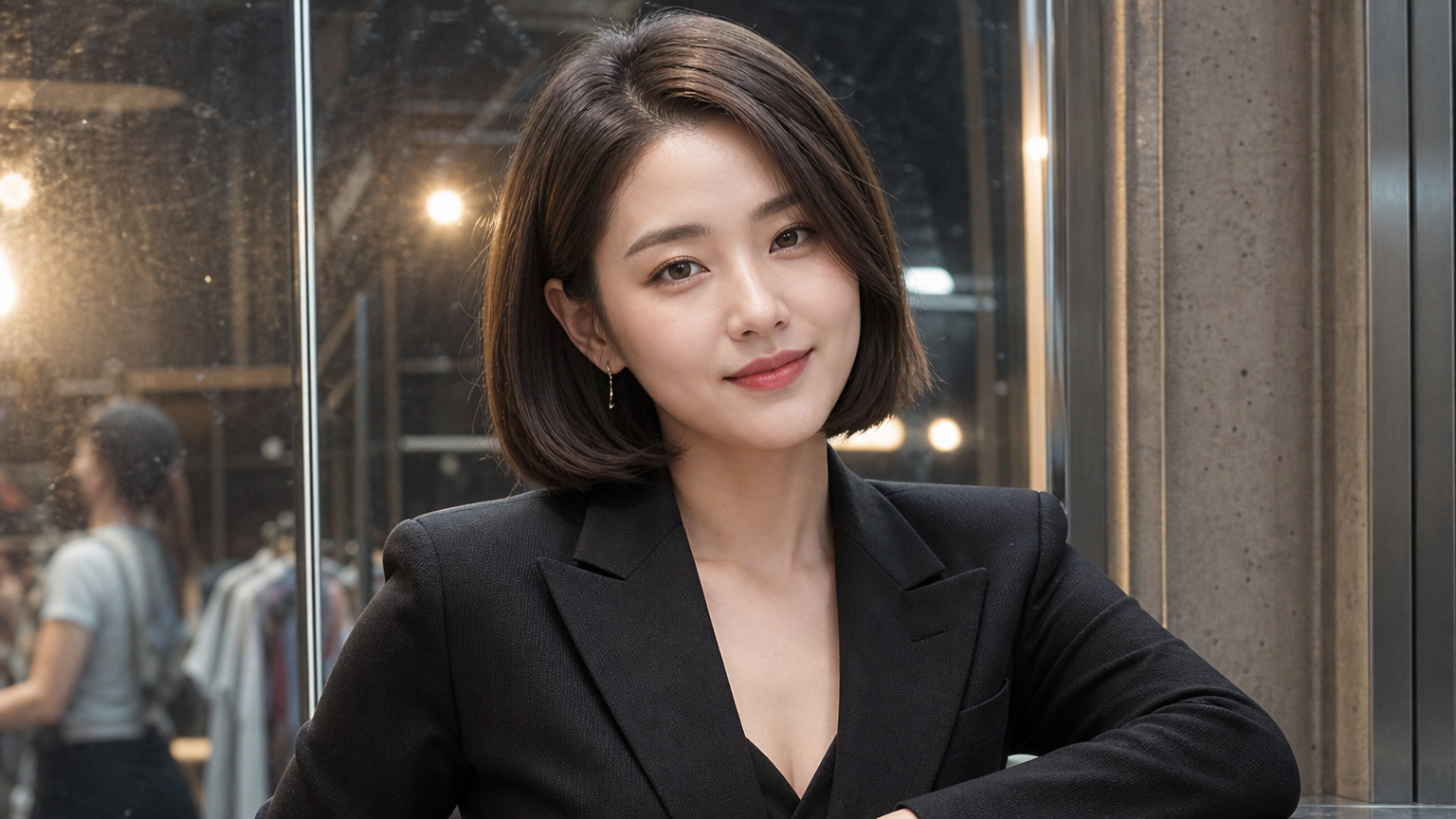 한국 연예인이 체중 감량 후 단발머리와 세련된 옷차림으로 건강한 변화를 보여주는 모습