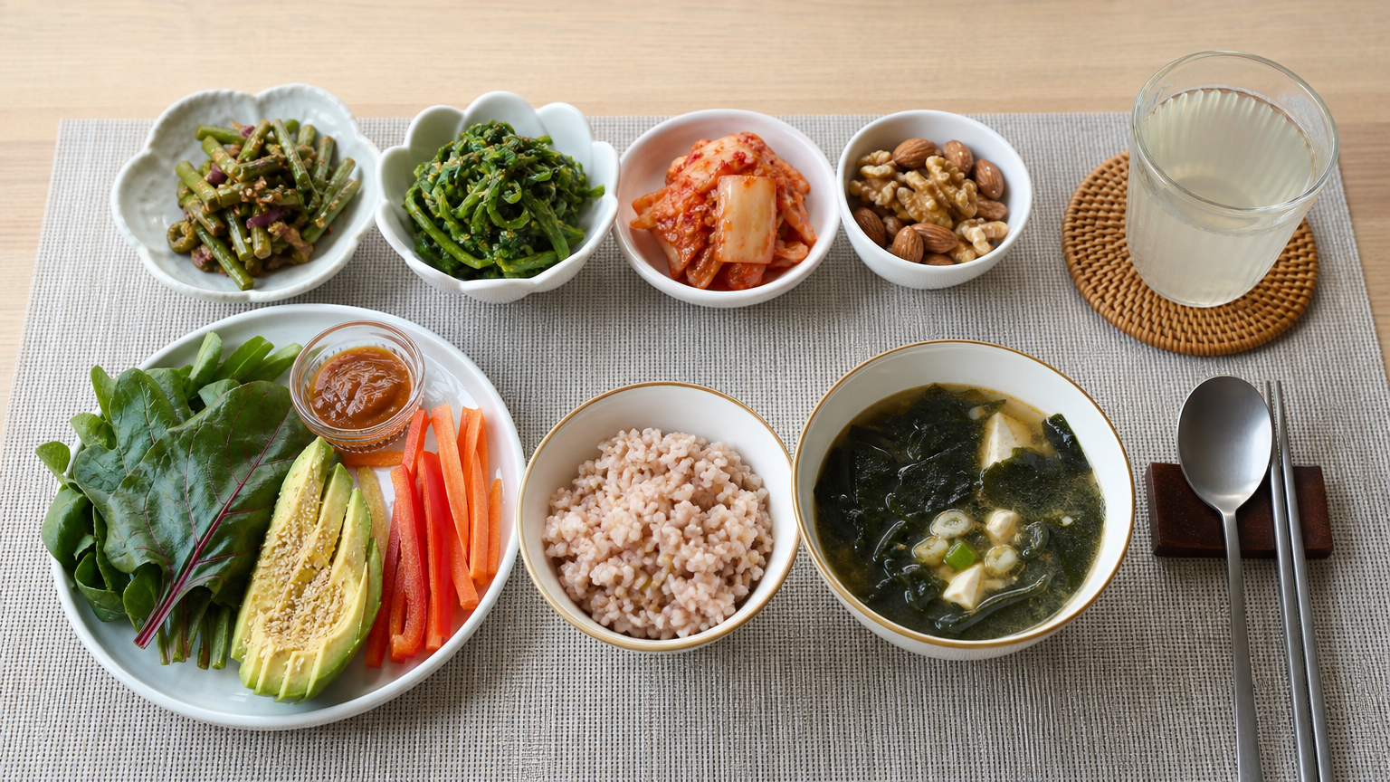 혈당 관리를 위한 건강한 한국식 아침 식사로 채소와 좋은 지방 및 희석된 식초 물을 포함한 과학적인 식단 루틴