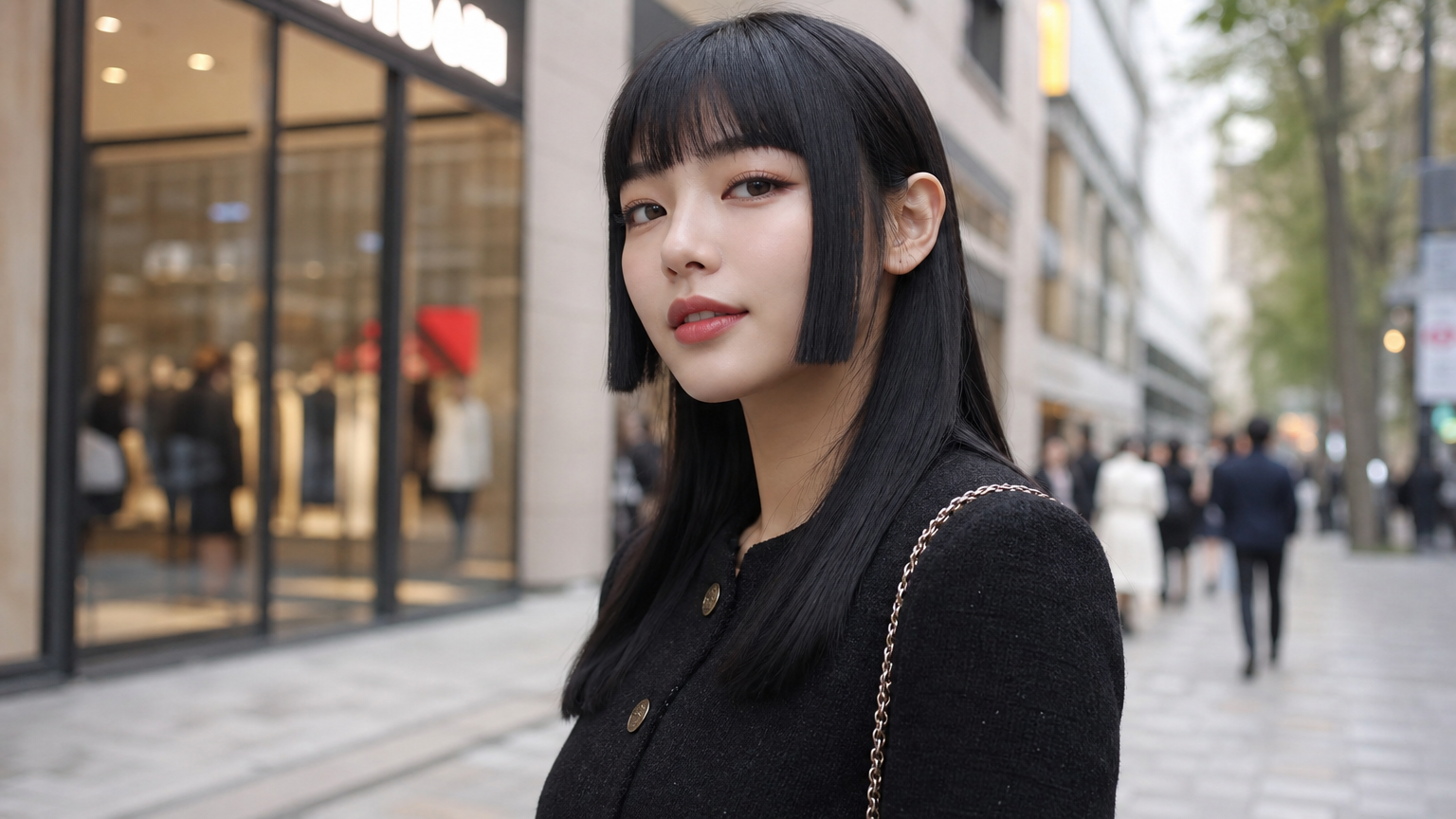도시적 배경에서 세련된 히메컷 헤어스타일과 우아한 복장을 한 자신감 넘치는 한국 여성