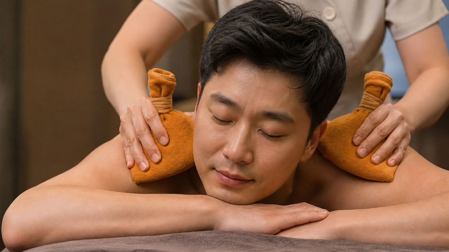 따뜻한 압박 포인트가 어깨에 적용된 상태로 마사지를 받고 있는 남성