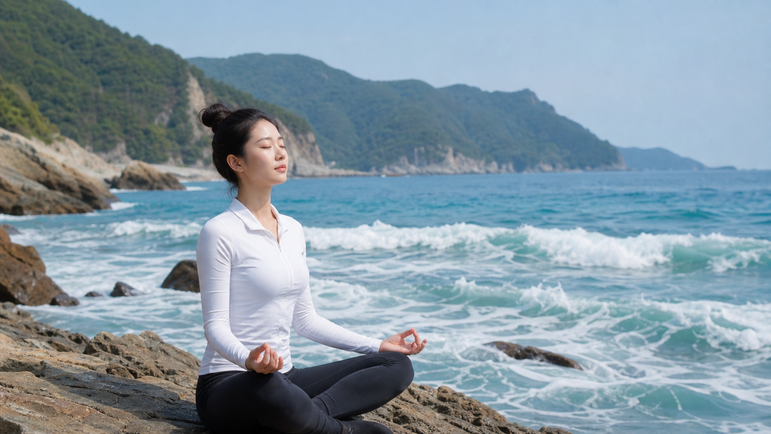 평화로운 해변에서 명상을 즐기는 여성의 모습
