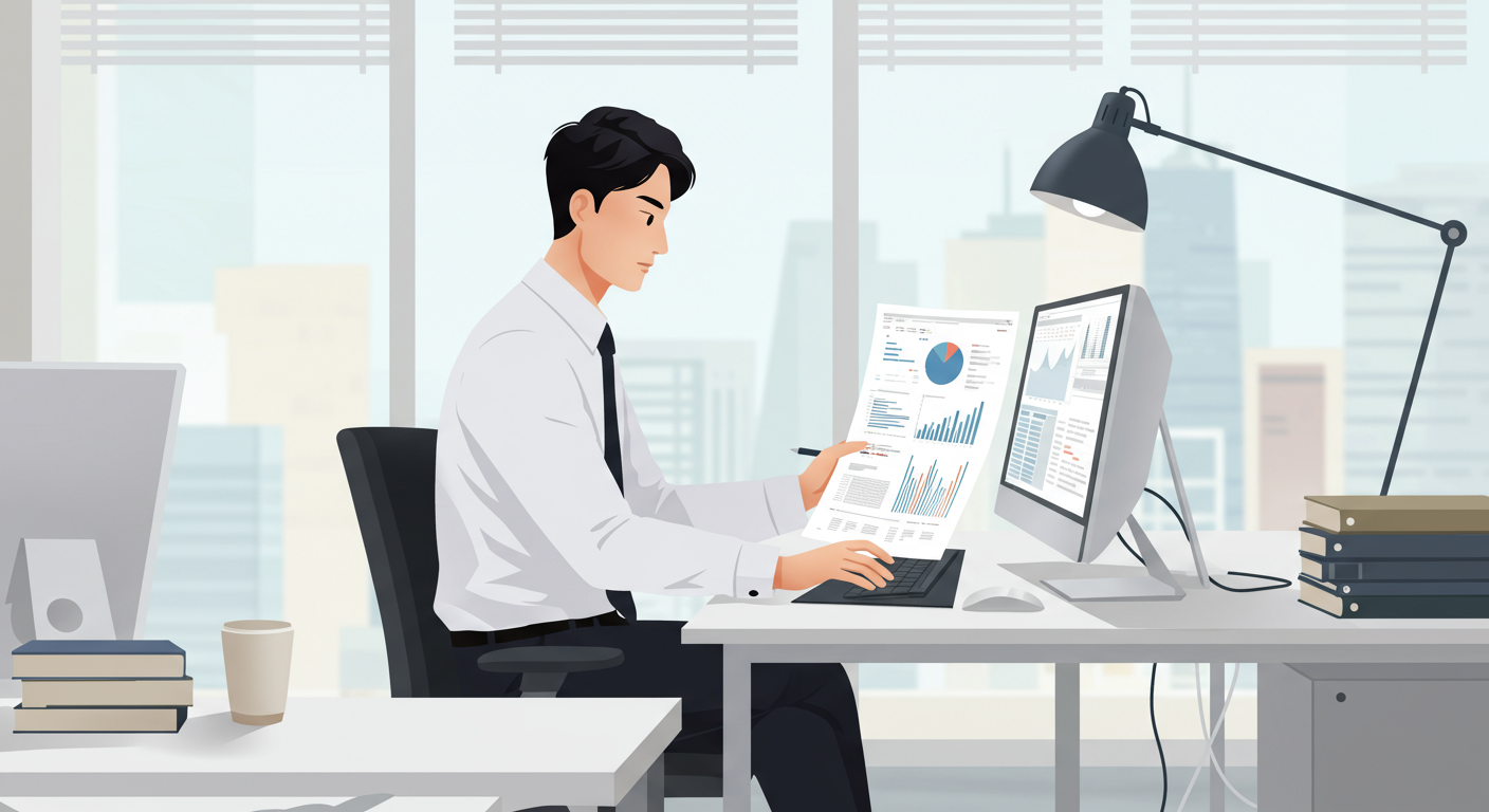사무실 책상에서 컴퓨터로 금융 데이터를 분석하는 직장인