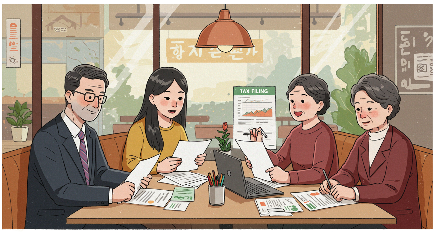 카페에서 세금 신고에 대해 논의하는 다양한 직업의 사람들