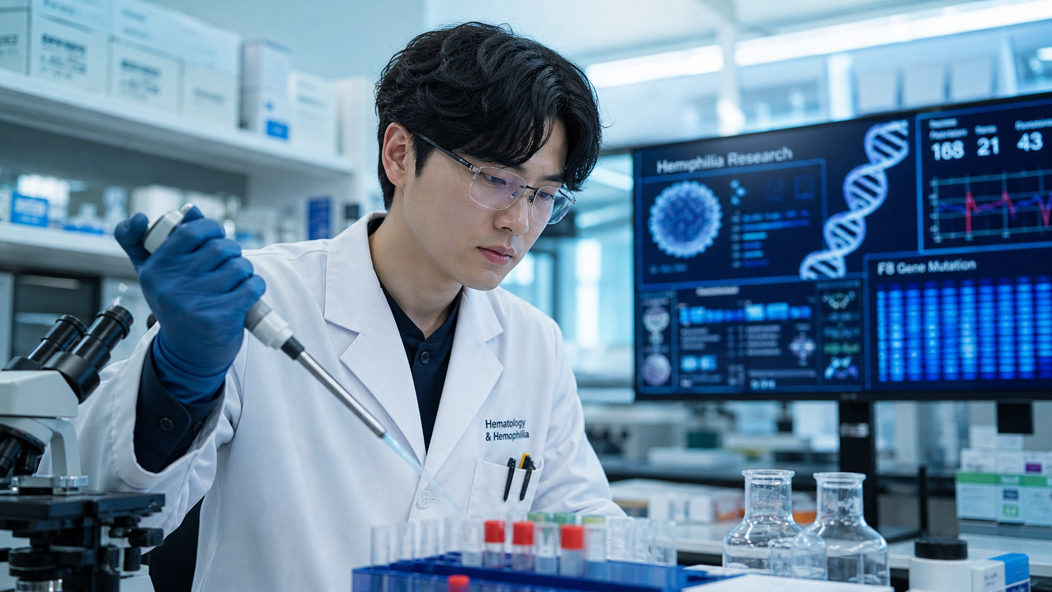 현대적인 연구실에서 최첨단 장비와 데이터를 분석하는 한국인 의료 연구자