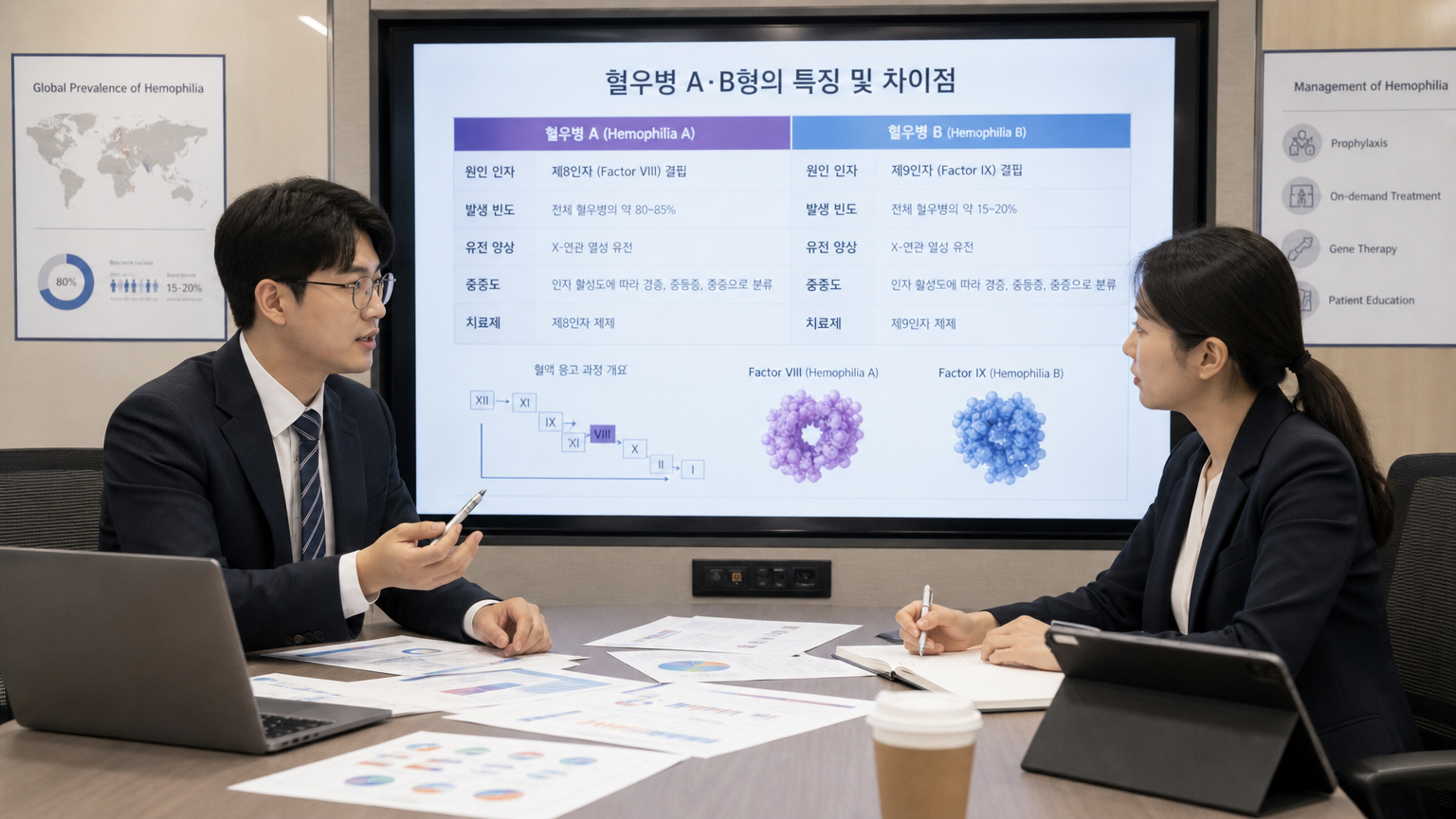 회의 테이블에서 혈우병 A와 B에 대해 논의하는 두 명의 한국인 과학자