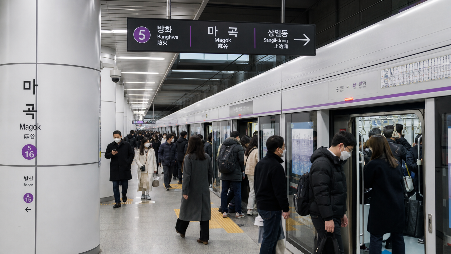 출퇴근 시간에 사람들로 붐비는 마곡의 지하철역과 개선된 도시 기반 시설