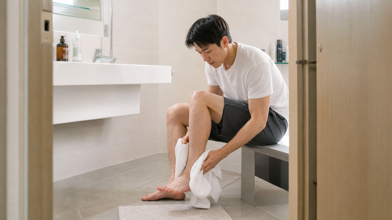 잘 밝혀진 욕실에서 발을 말리는 남성의 모습