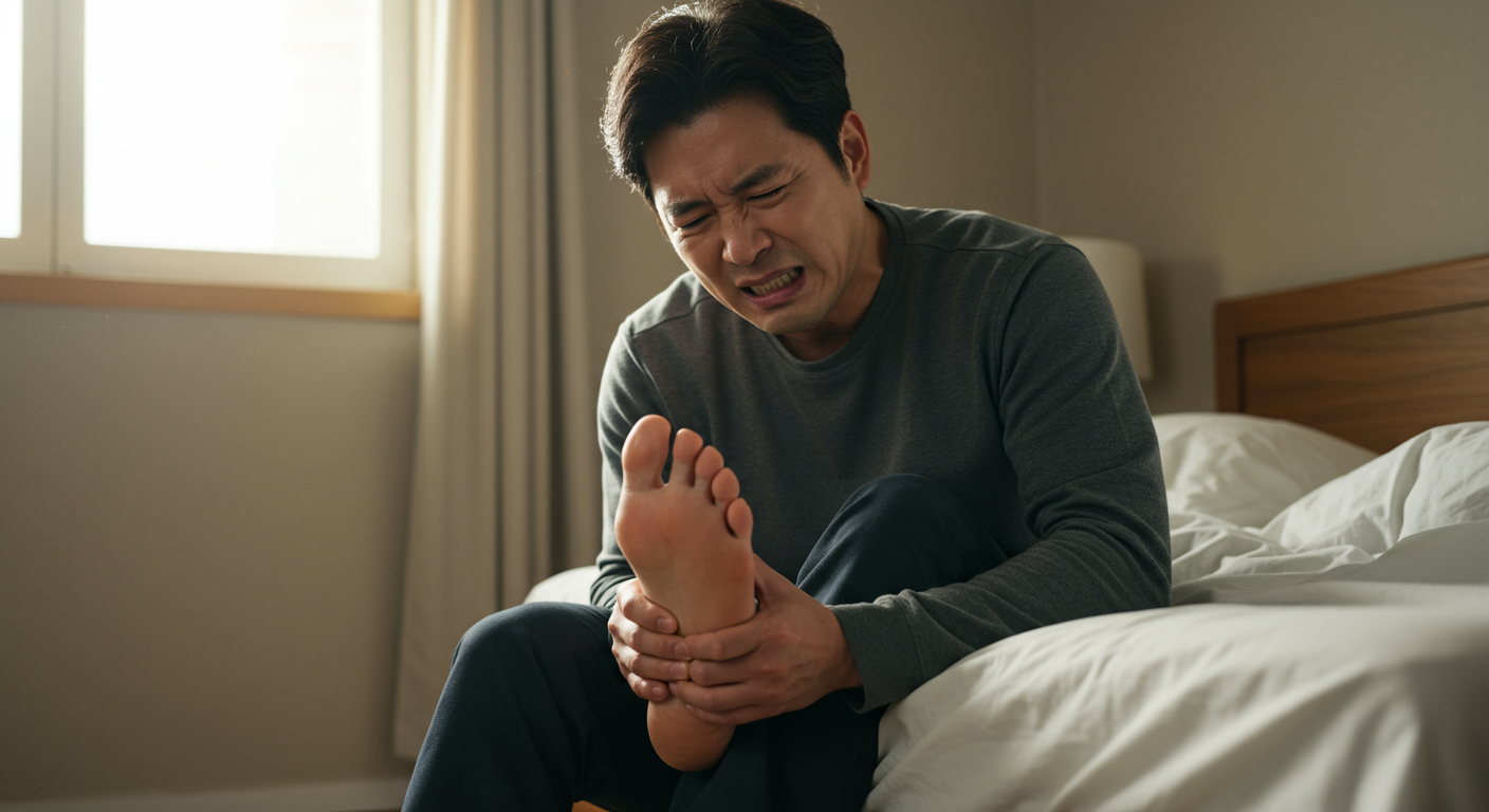 침대에 앉아 발바닥을 잡고 아파하는 한국 남성의 모습