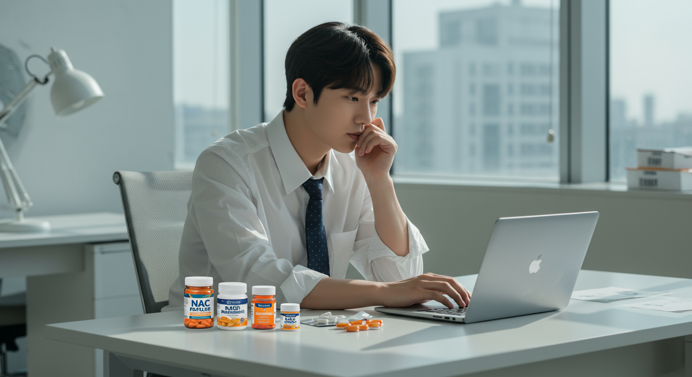 다양한 영양제를 책상 위에 놓고 있는 현대인의 모습