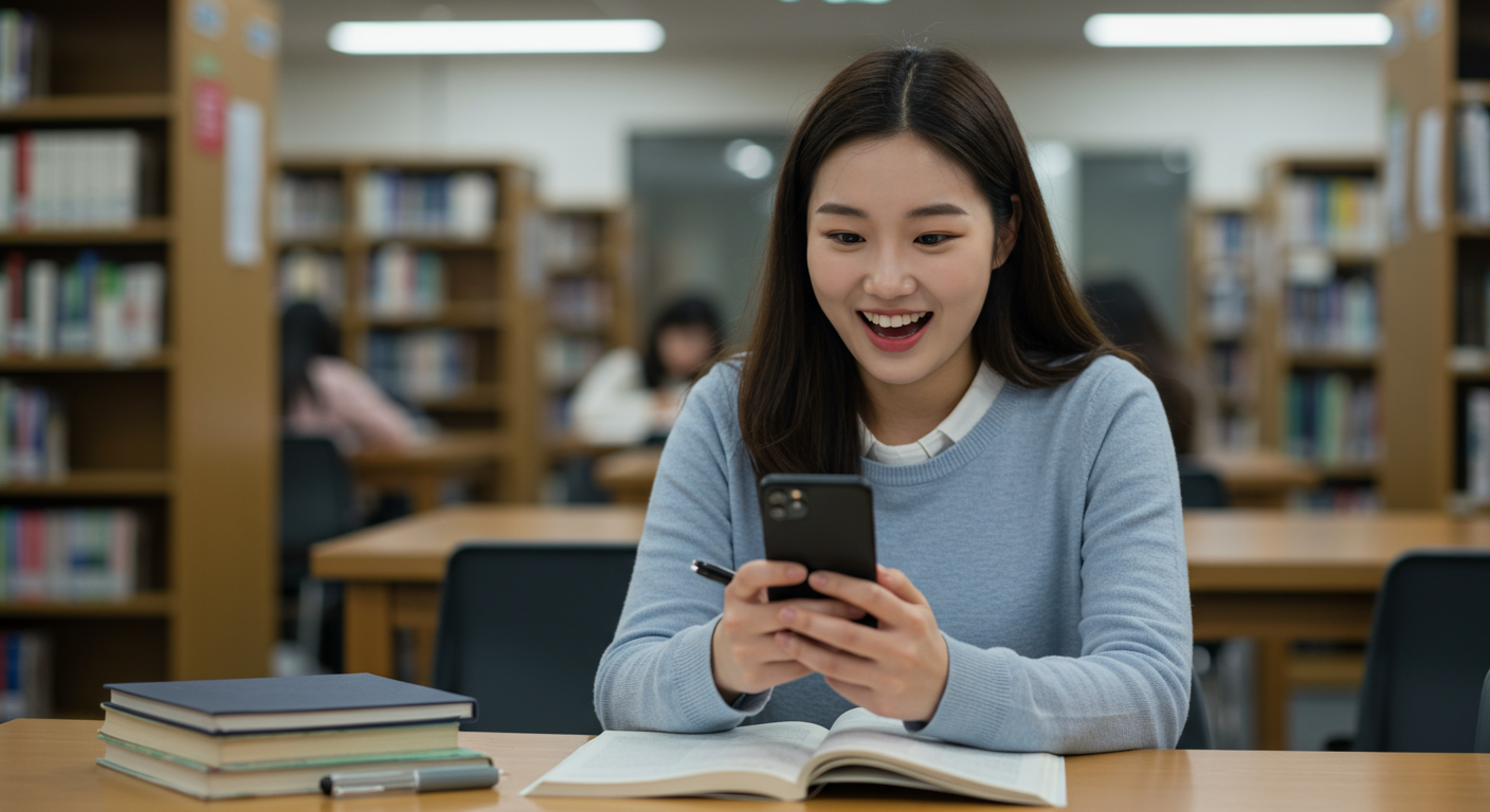 대학 도서관에서 스마트폰으로 시험 결과를 확인하며 기뻐하는 학생