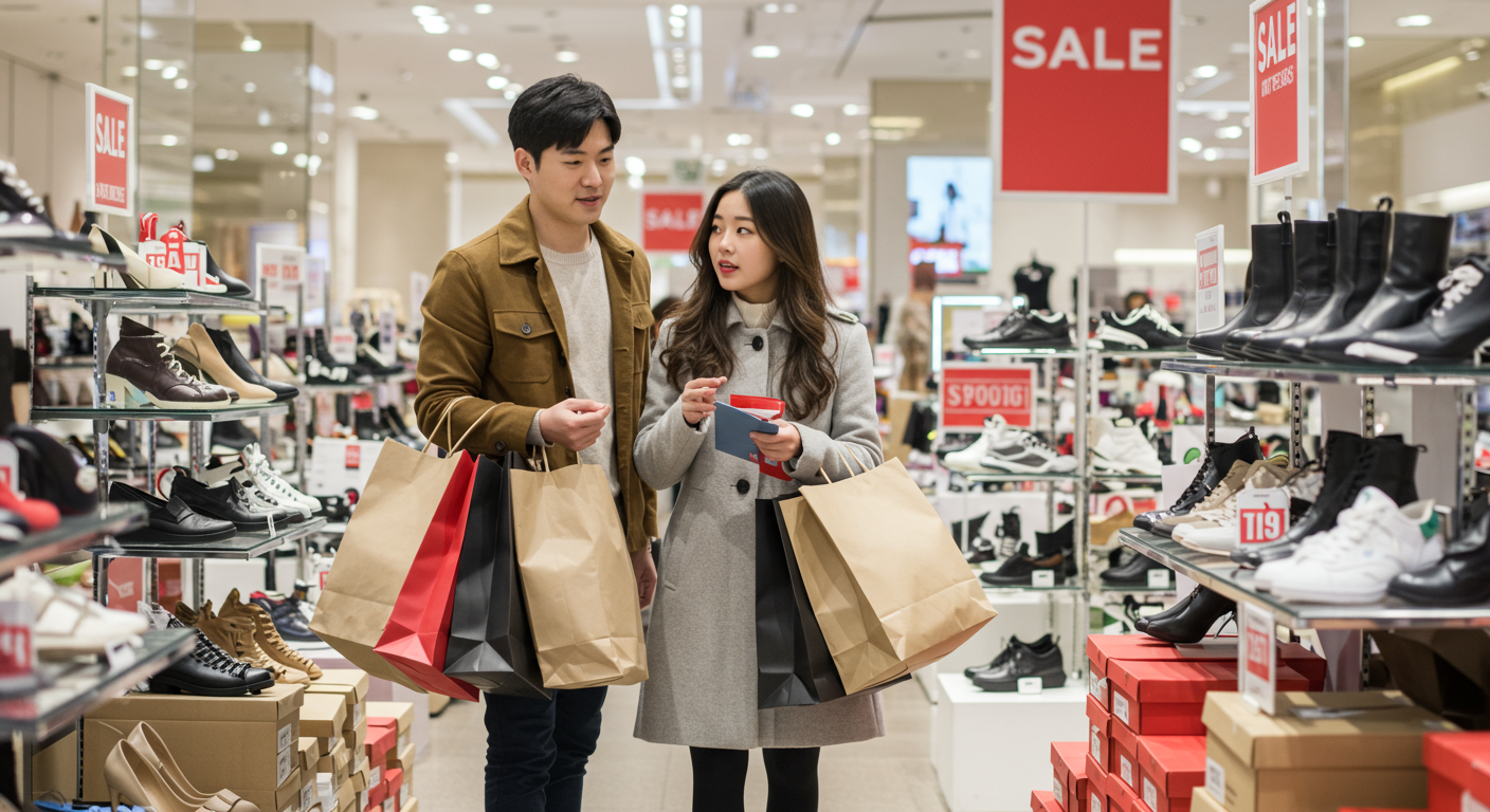 서울 백화점 세일 행사 중 원하는 신발을 발견하고 기뻐하는 젊은 커플