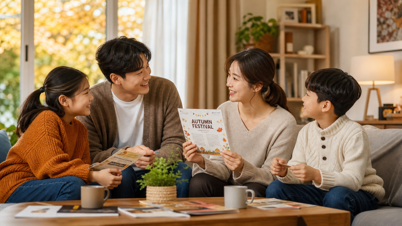 가을 옷을 입은 한국 가족이 거실에서 축제 계획을 이야기하는 모습