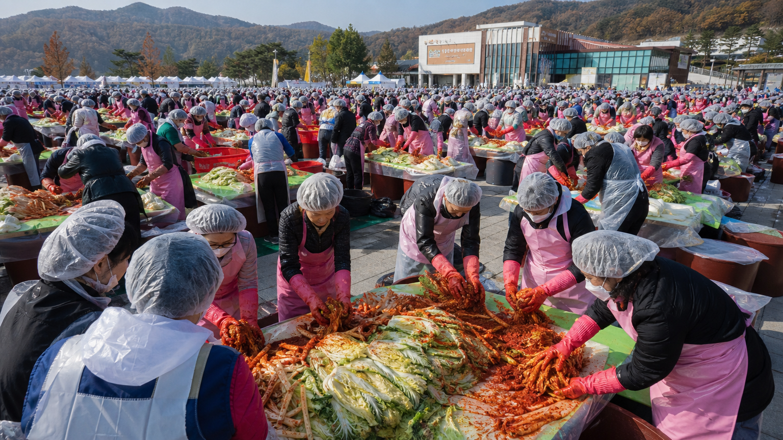 많은 사람들이 모여서 함께 홍삼 깍두기를 만드는 장면