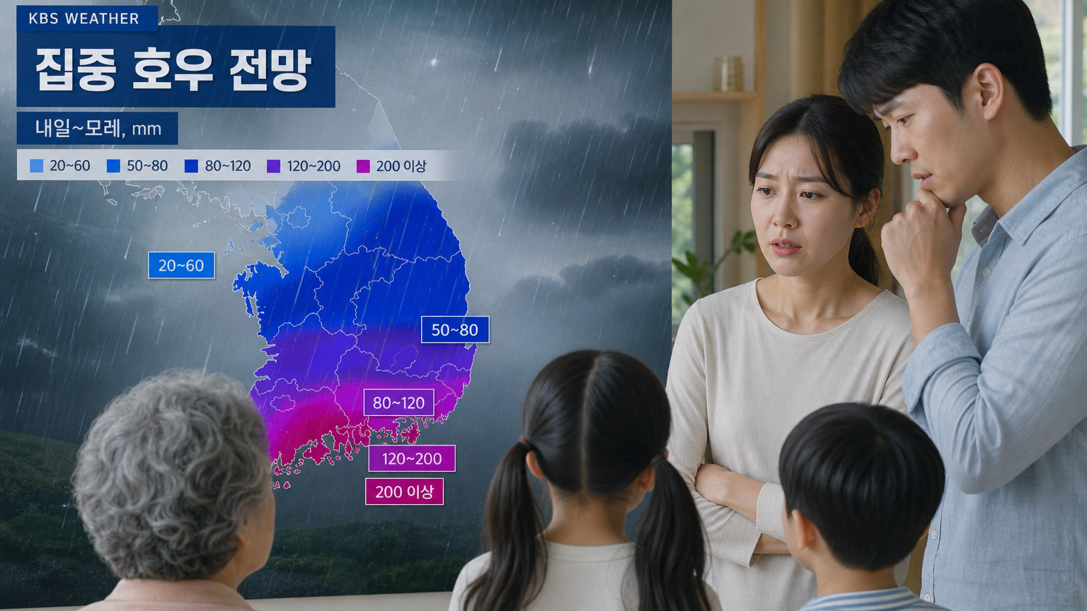 일기예보를 보며 자녀와 어르신의 면역력을 걱정하는 부모의 모습