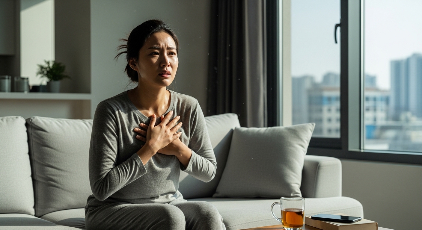 현대적인 거실에서 혼자 앉아 불안해하며 가슴에 손을 얹은 여성의 모습