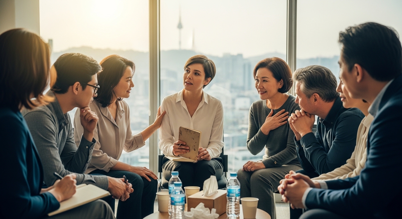 서울에서 열린 지원 모임에서 다양한 사람들이 공감하며 공황장애 극복 경험을 나누는 장면