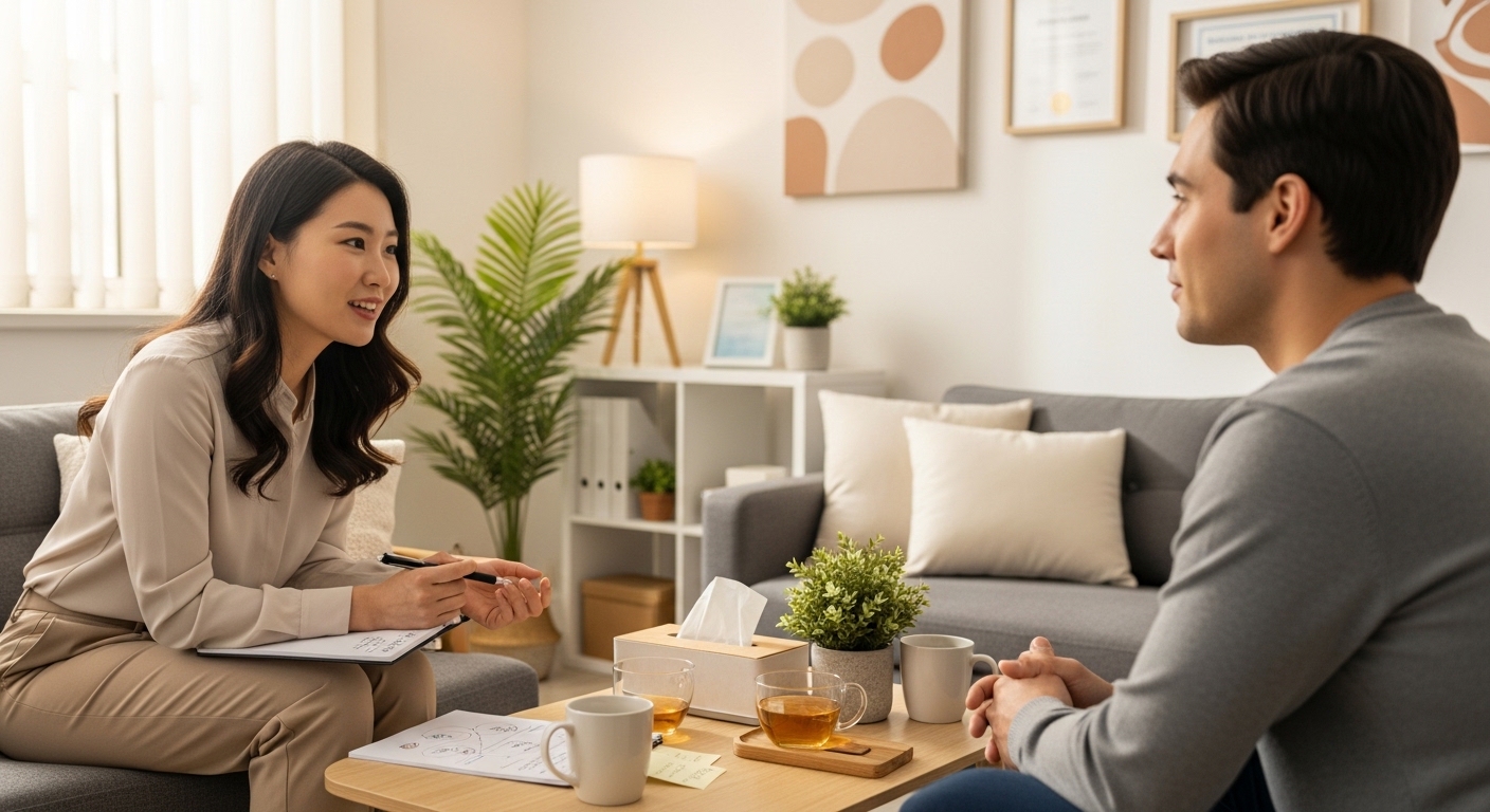 편안한 사무실에서 치료사가 환자를 대상으로 긍정적인 상호작용을 강조하며 인지행동치료를 진행하는 모습