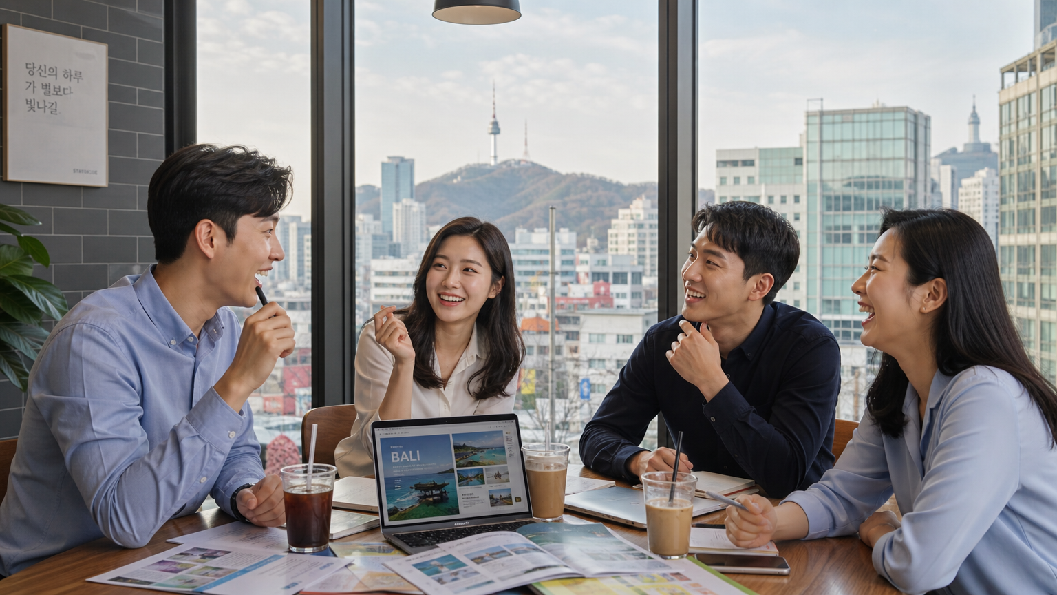 서울 카페에서 휴가 계획을 논의하는 현대적인 직장인들