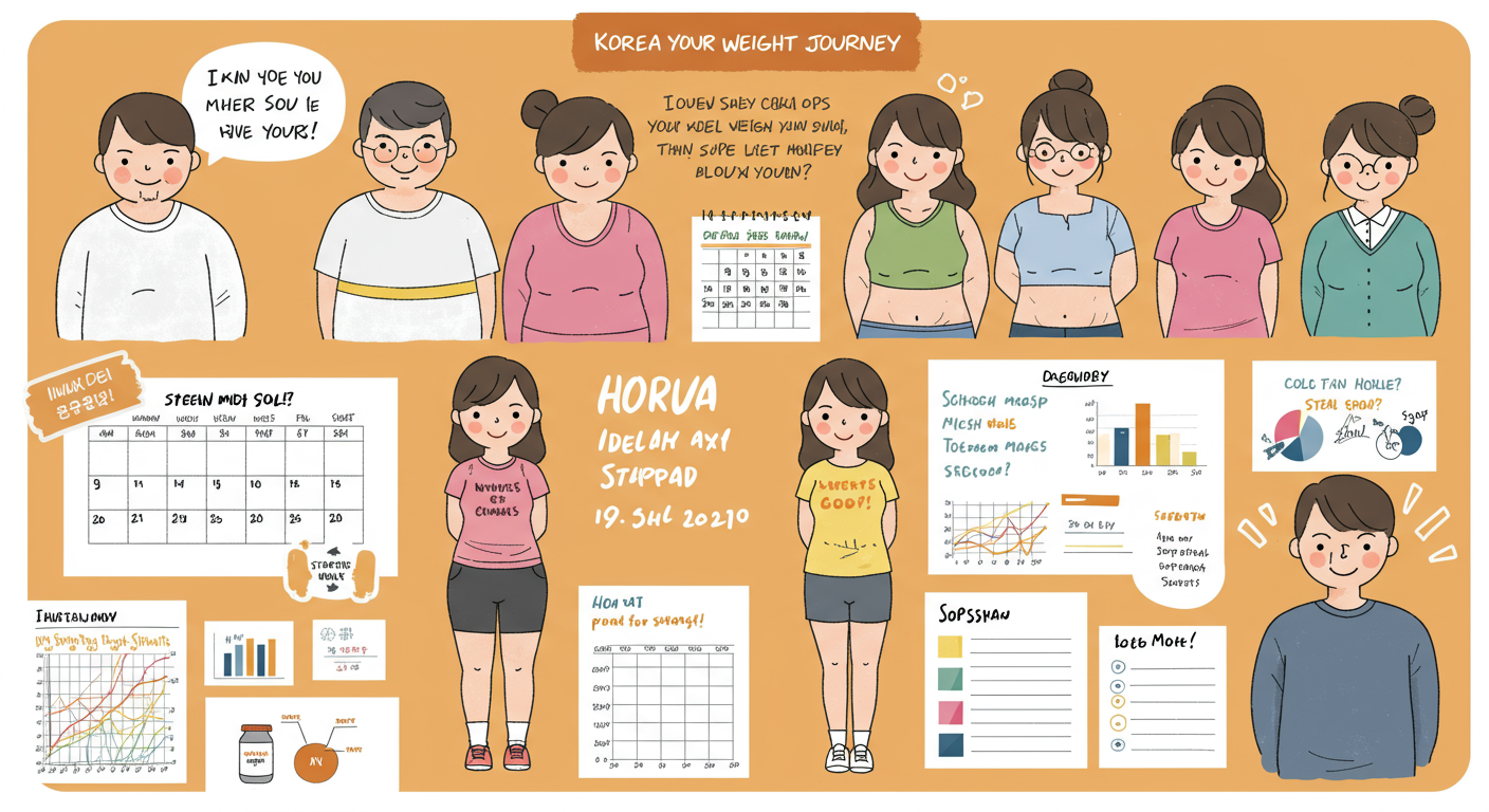 각자의 이상적인 무게 목표를 설정하며 개인화된 목표판에 표시하고 있는 다양한 한국인들