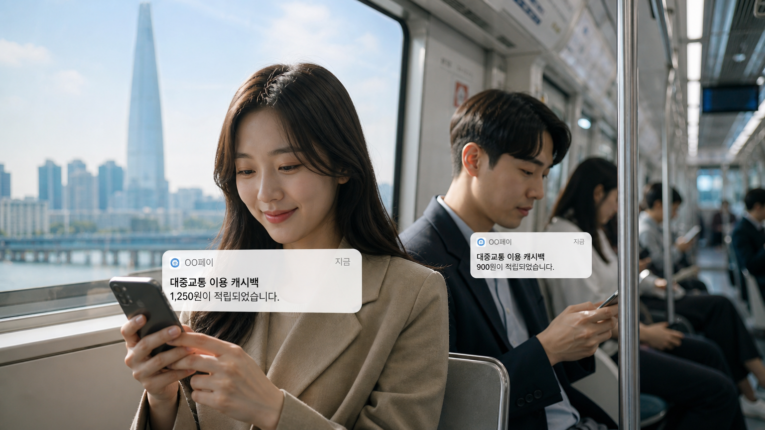 현대 도시 배경에서 스마트폰으로 캐시백 알림을 받는 한국 대중교통 사용자들