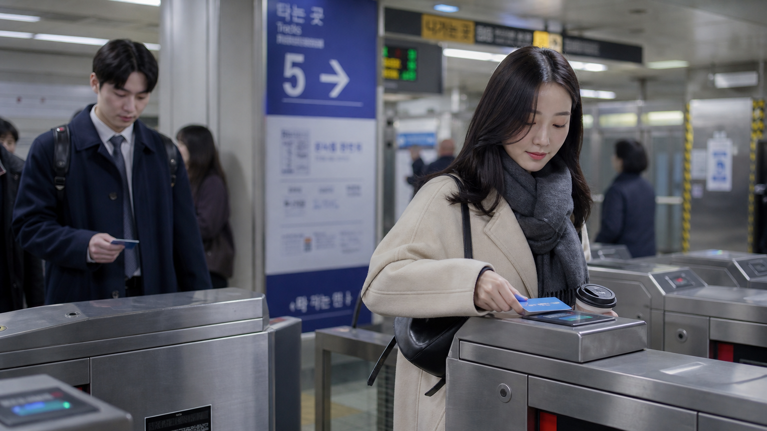 새로운 스마트 카드 기술로 편리하게 대중교통을 이용하는 한국인들