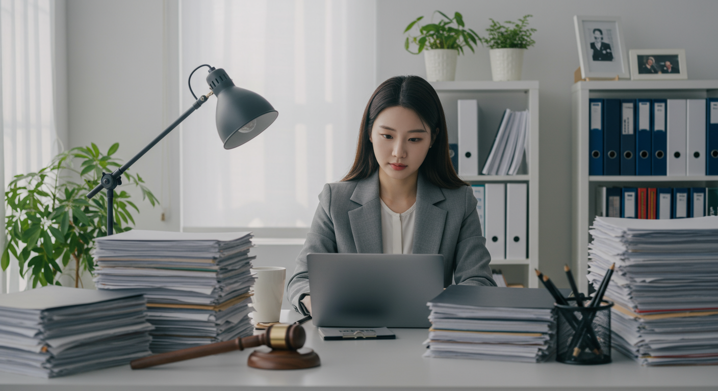 현대적인 법률 사무실에서 한국 전문 속기사가 오디오 파일을 검토하고 있는 모습