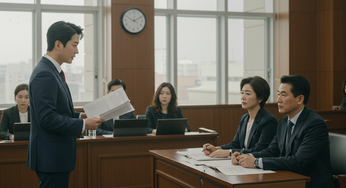 한국 변호사가 민사소송 관련 계약 및 분쟁 증거를 설명하는 법정 장면