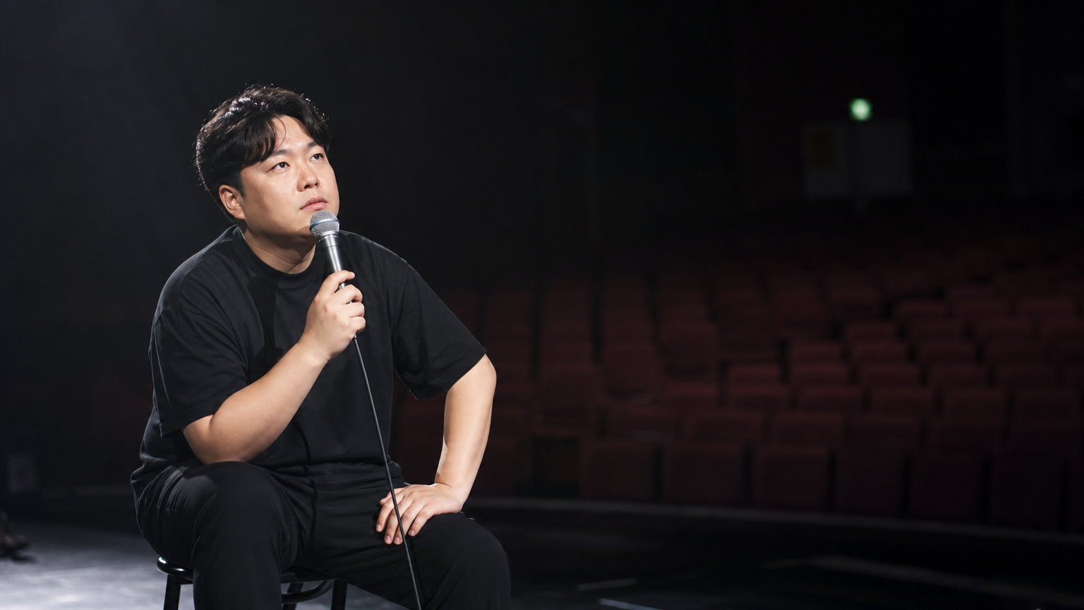 무대 위에서 사랑에 대해 깊이 생각하는 현대 코미디언의 모습