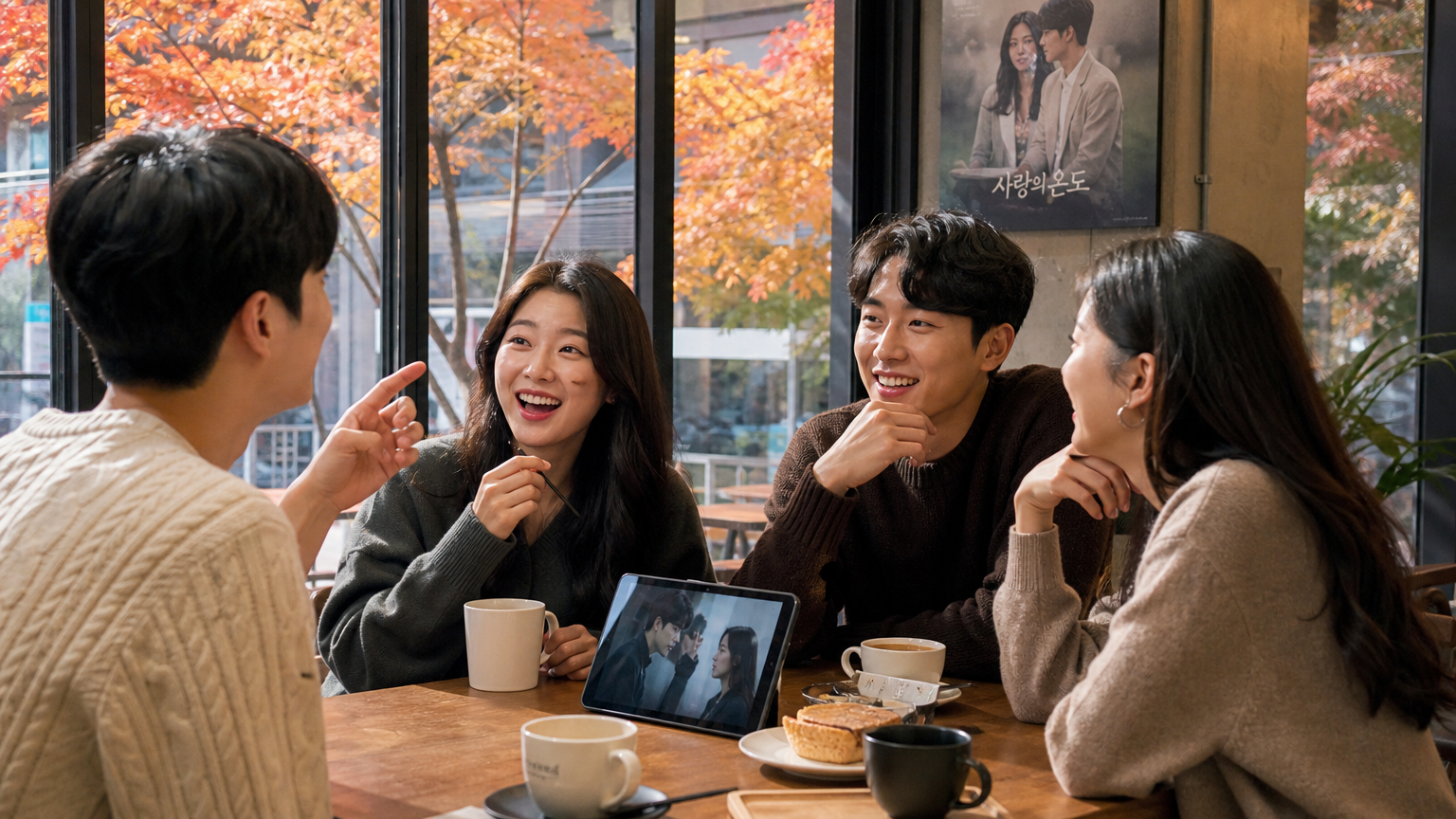 젊은 한국인들이 카페에서 인기 드라마를 이야기하는 모습
