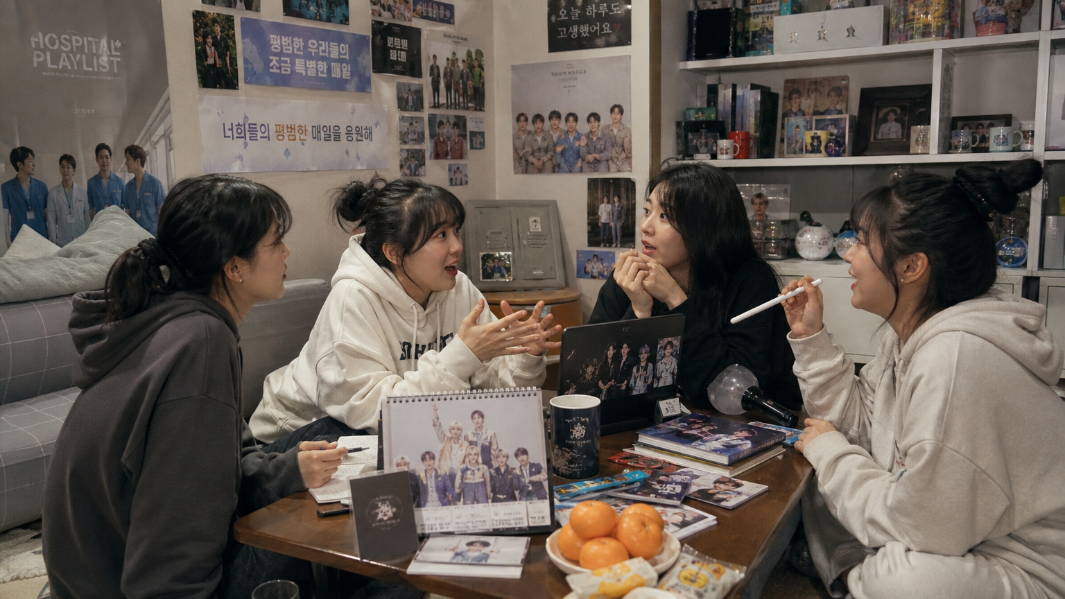 집에서 드라마 포스터와 기념품을 둘러싼 팬들이 모여 대화를 나누는 장면