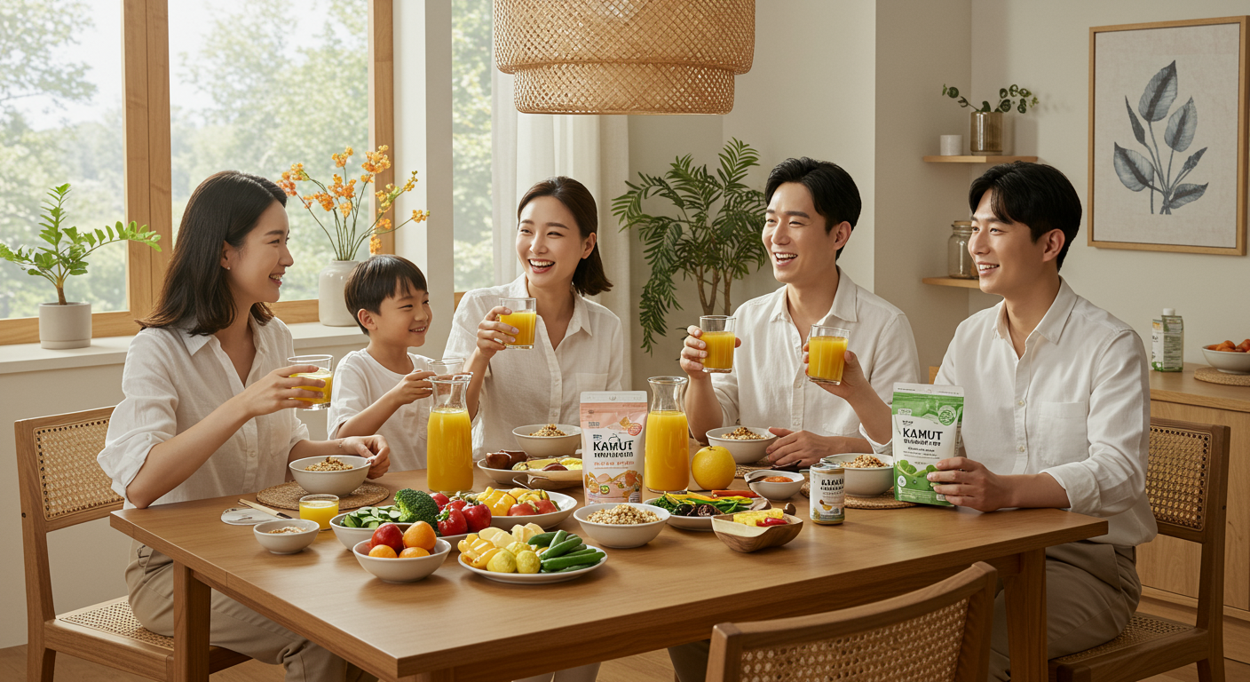 아침 식탁에서 카무트 음료와 건강식을 함께 하는 가족의 활기찬 모습