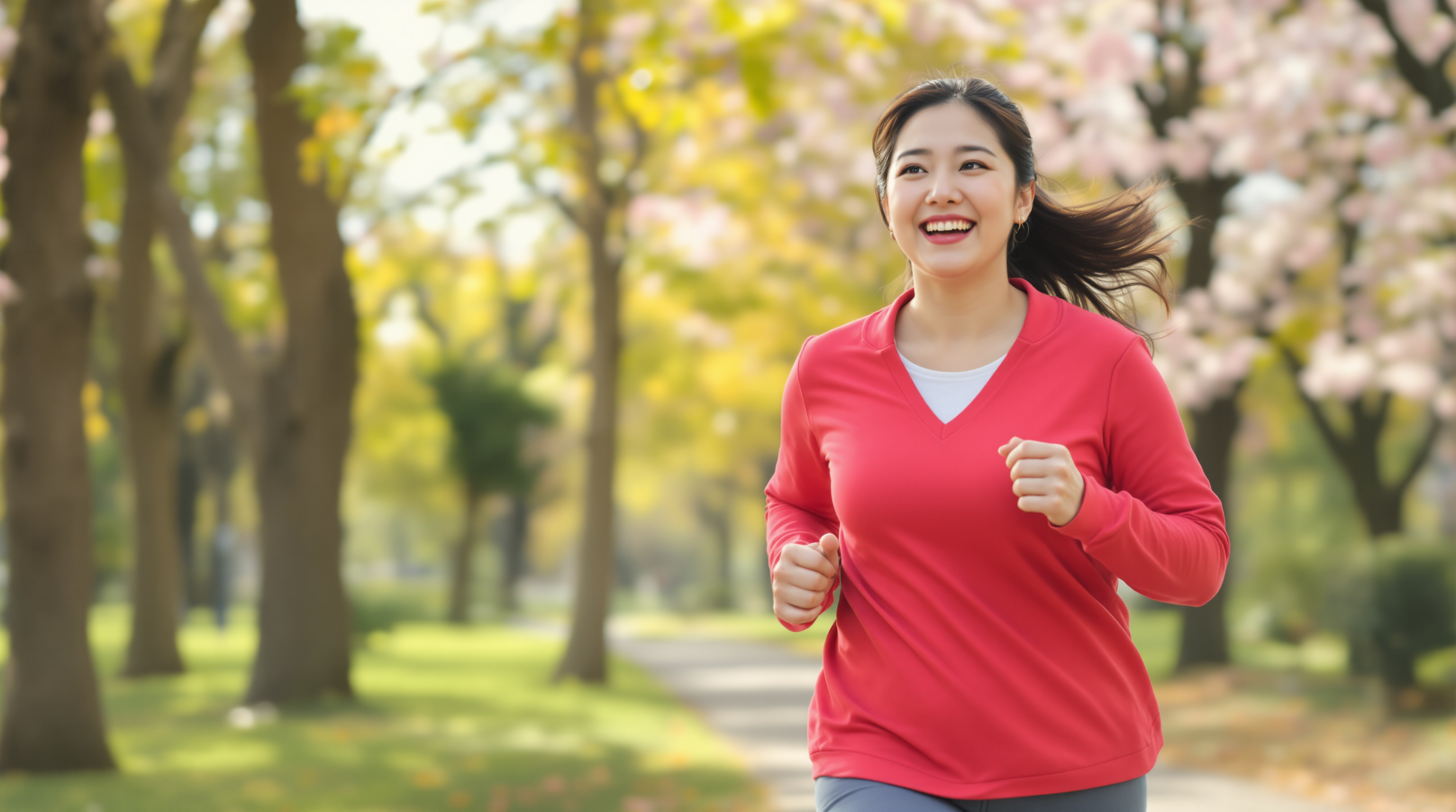 공원에서 조깅하며 활기찬 모습을 보이는 여성