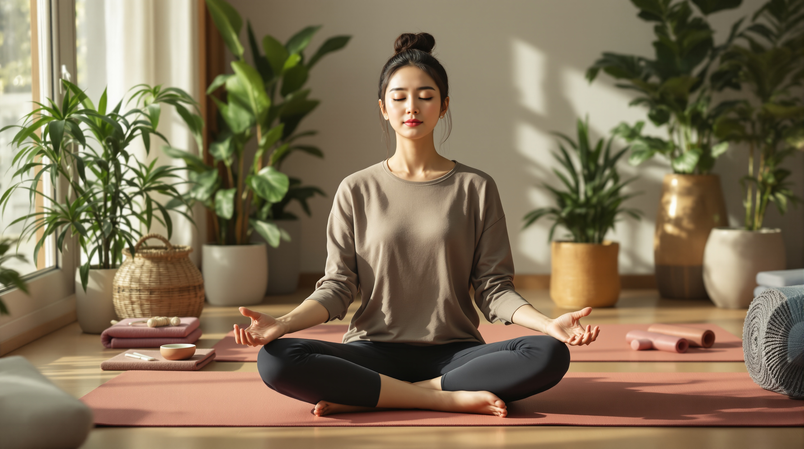 집에서 명상하며 스트레스를 줄이는 여자의 모습