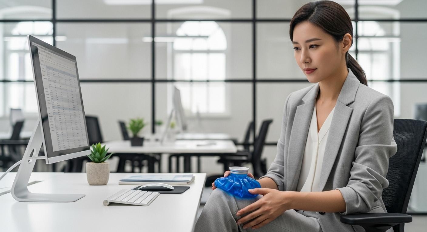 현대적인 사무실에서 무릎에 얼음찜질을 하고 있는 직장인의 모습